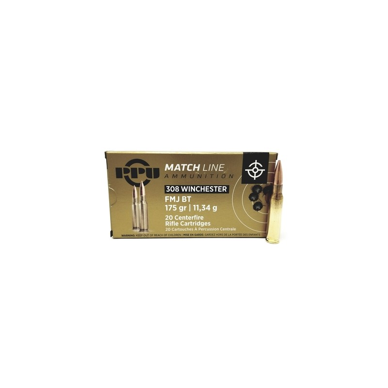 PPU Cartouches Calibre 308 Win FMJBT 175grs - Boite de 20 unités