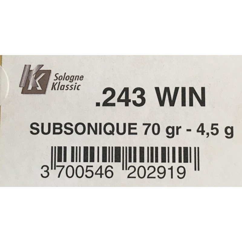 SOLOGNE CAL. 243 WIN SUBSONIQUE 70GR - Boite de 20 cartouches
