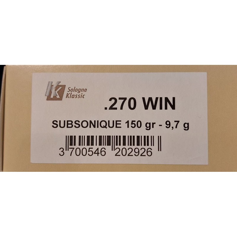 SOLOGNE CAL. 270 WIN SUBSONIQUE 150 grs - Boite de 20 cartouches
