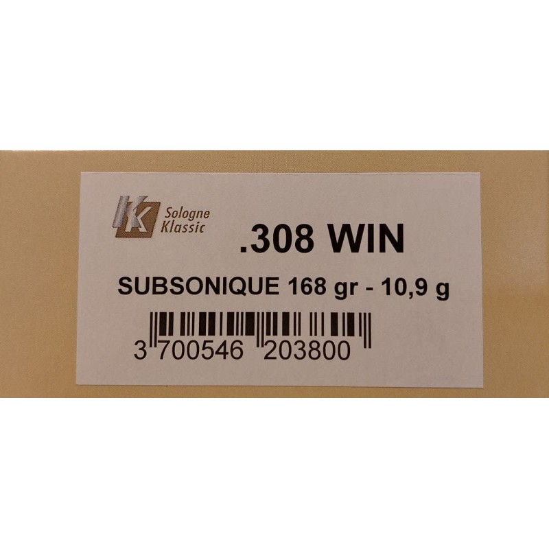 SOLOGNE CAL. 308 WIN SUBSONIQUE 168 grs - Boite de 20 cartouches