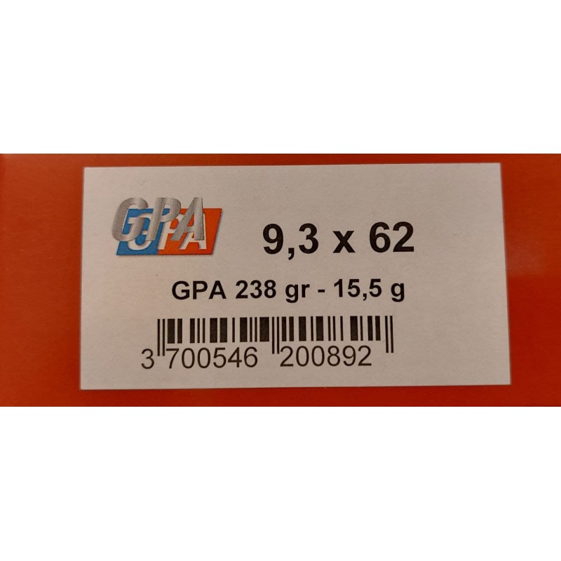 SOLOGNE GPA Calibre 9,3X62 238grs - Boite de 20 Cartouches