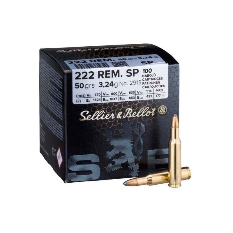 Boites 100 munitions Sellier & Bellot 222 Rem SP 50grs - Boite de 100 unités