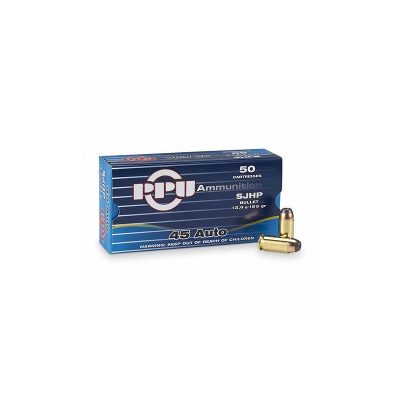 Cartouches PPU Calibre .45 ACP (.45 AUTO) 185 GRAINS SJHP - Boite de 50 unités