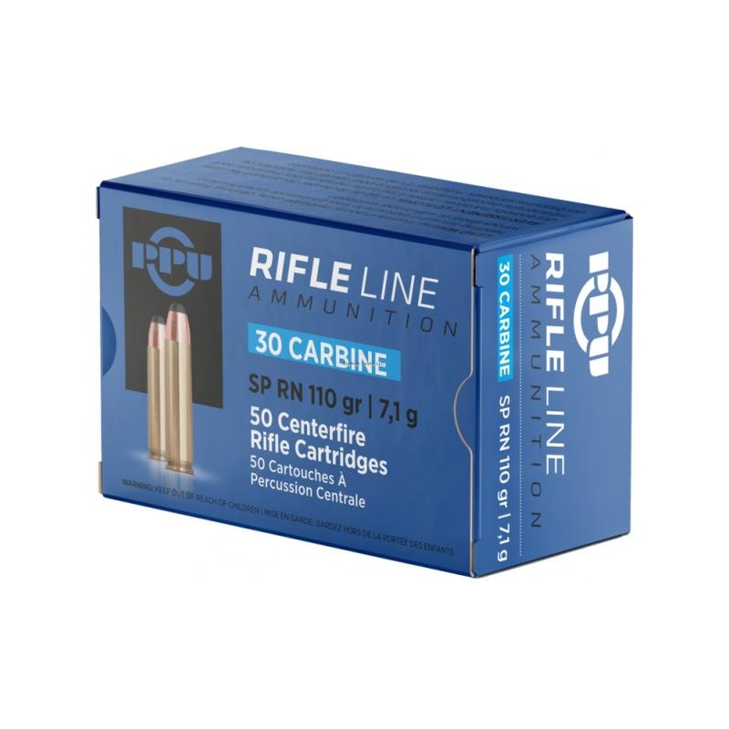 Cartouches PPU Calibre 30 CARBINE FMJ RN 110grs - Boite de 50 unités