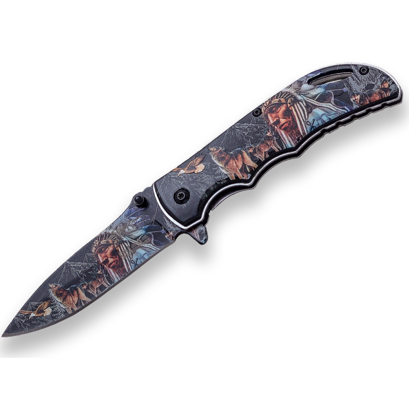 COUTEAU PLIANT AVEC OUVERTURE ASSISTEE INDIEN, LAME 8 CM DE LONG. ACIER INOX , MANCHE ALUMINUM 3D.