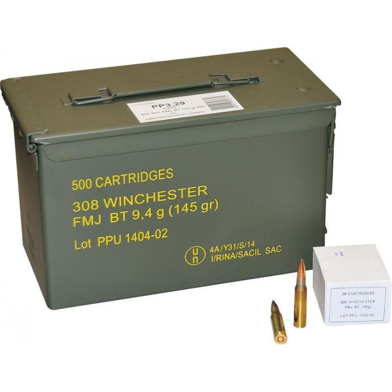 Cartouche PPU 308 winchester FMJ 145gr X500 vrac boite militaire