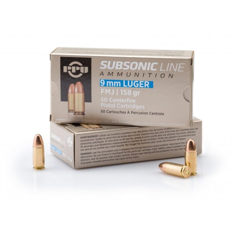 PPU Cartouches 9mm luger Subsonic FMJ 158grs - Boite de 50 unités