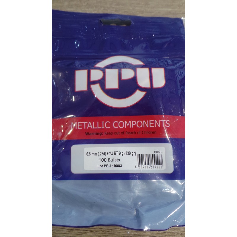 Ogives PPu Cal. 6.5mm 139grs FMJ BT - sachet de 100 unités