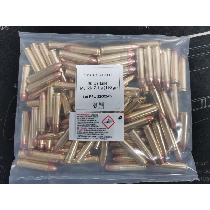 Cartouches 30 Carbine FMJ 110gr PPU VRAC 100 UNITES