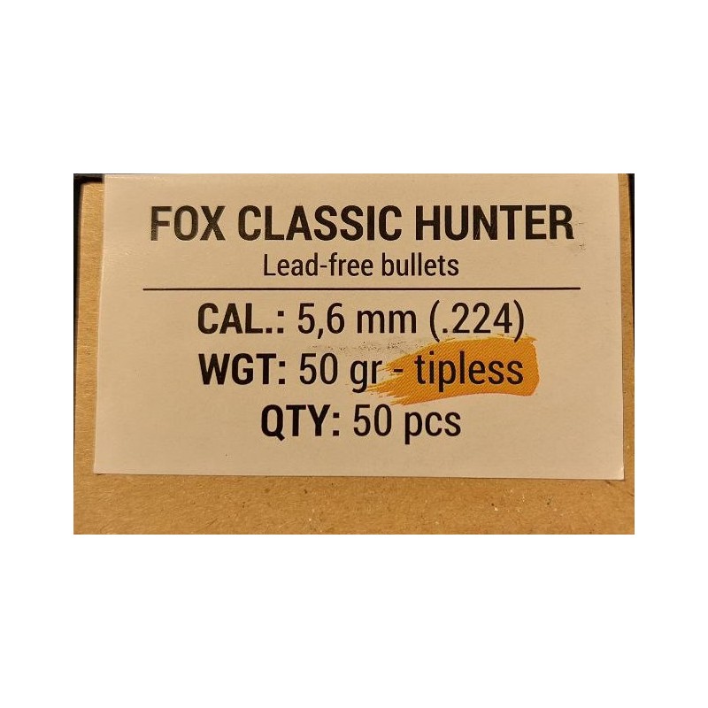 Ogives Sans Plomb Monolithiques FOX CLASSIC HUNTER cal.5,6mm (.224) 50gr - Boite de 50 unités