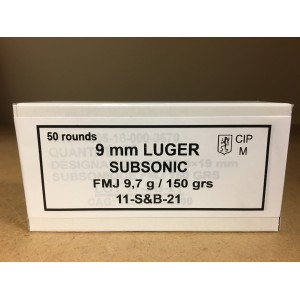 Cartouches SELLIER & BELLOT Calibre 9mm SUBSONIQUE 150grs FMJ - Boite de 50 unités