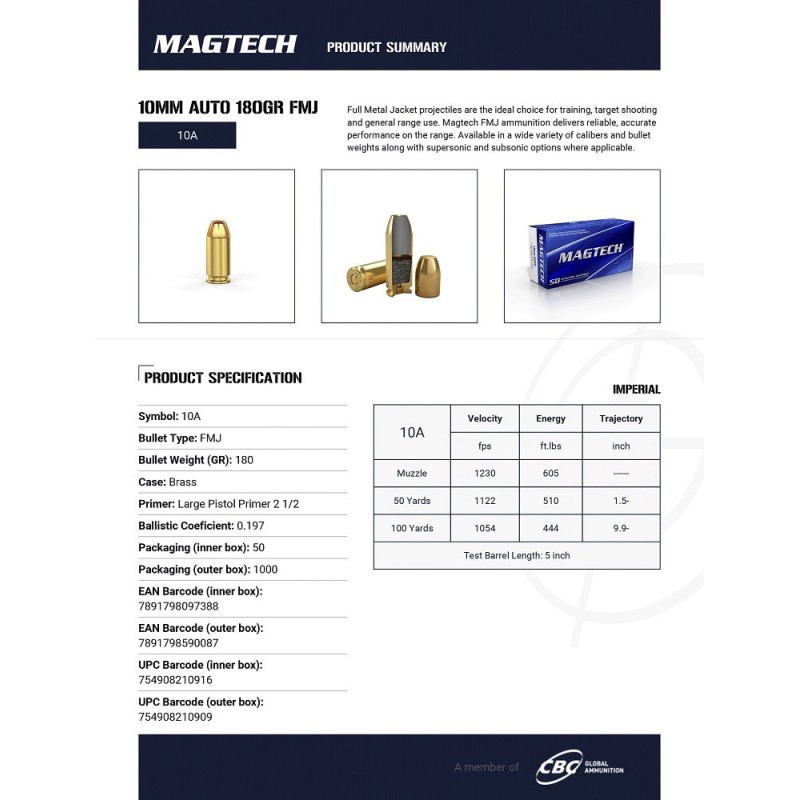 Cartouches Magtech 10mm Auto FMJ 180 GR 50 Rounds