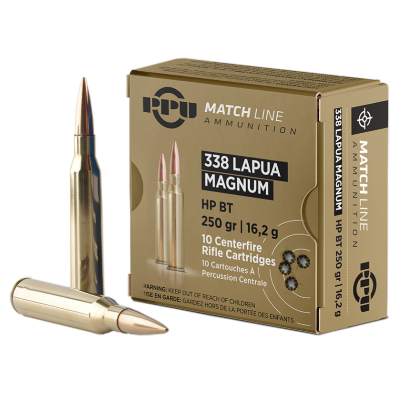 CARTOUCHES PPU 338 LAPUA MAGNUM MATCH HPBT 250grs - 16,2g - Boite de 10 unités