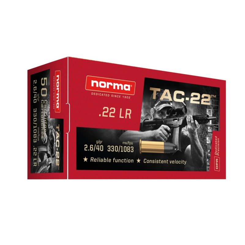 Cartouches NORMA TAC 22 40gr LRN PLOMB Calibre 22LR - Boite de 50 unités