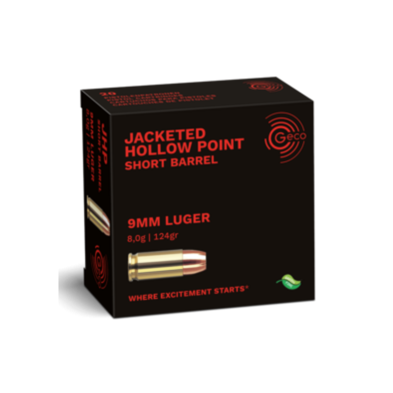 Cartouche GECO 9mm 124gr JHP - Jacketed Hollow Point - Bte de 20