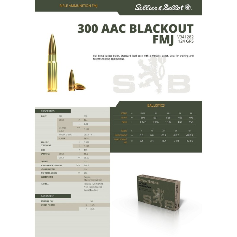 Cartouches Sellier & Bellot 300 AAC Blackout  FMJ TACTCAL 124grs - Boite de 20 cartouches
