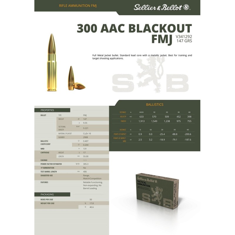 Cartouches Sellier & Bellot 300 AAC Blackout  FMJ TACTCAL 147grs - Boite de 20 cartouches