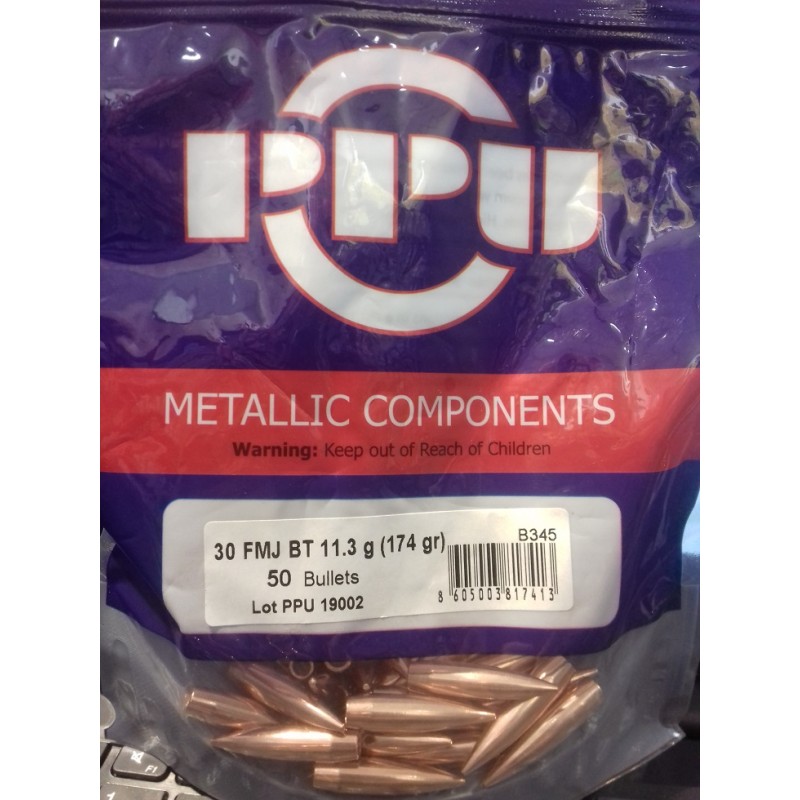 Ogives PPU  Cal .30 FMJ BT  174grs - sachet de 50 unités