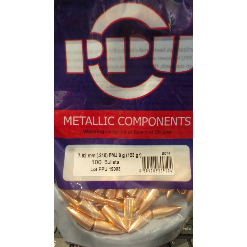 Ogives PPU Cal. 7.62mm (.310) 123gr FMJ - sachet de 100 unités
