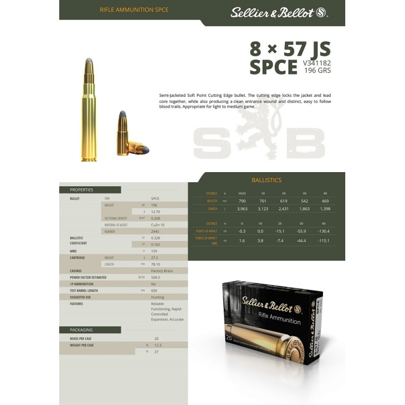 CARTOUCHES SELLIER BELLOT 8x57 JS SPCE 196gr 12.7g