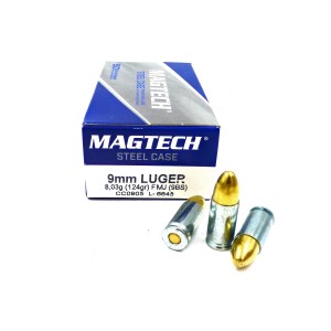 Pack de 10 boites de 50 cartouches MAGTECH 9mm 124grs FMJ - Étui ACIER (500 cartouches)
