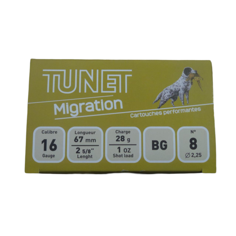 Cartouches TUNET MIGRATION - Cal.16/67 - 28 Grammes - Plombs N°8 - BJ - x25