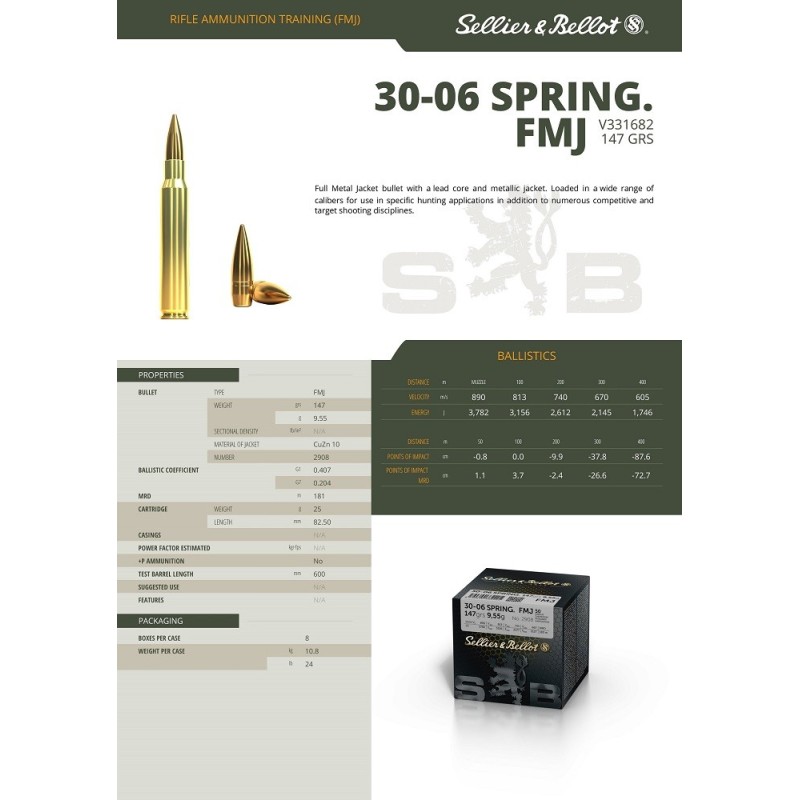 Cartouches SELLIER & BELLOT 30-06 SPRINGFIELD - FMJ 147GRS - BOITE DE 50 UNITÉS