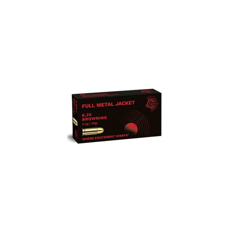 Cartouches GECO 6,35mm BROWNING (25 acp- 25 auto) 49gr FMJ - Boîte de 50 unités