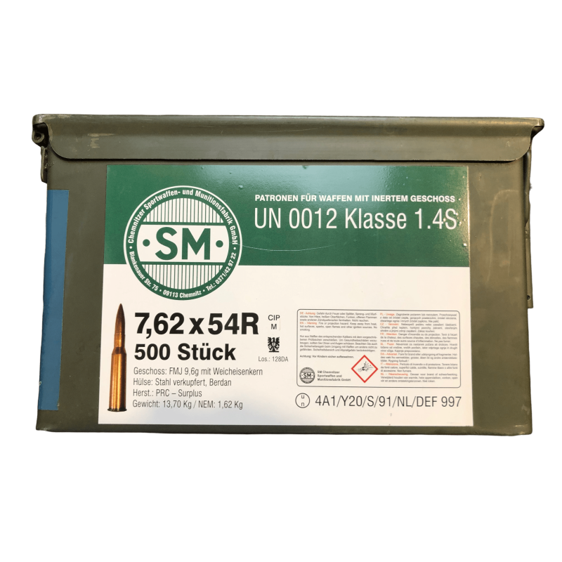 Cartouches SM Calibre 7,62x54R FMJ -  148 Gr (9,6 Grammes) - SURPLUS - Caisse de 500 unités