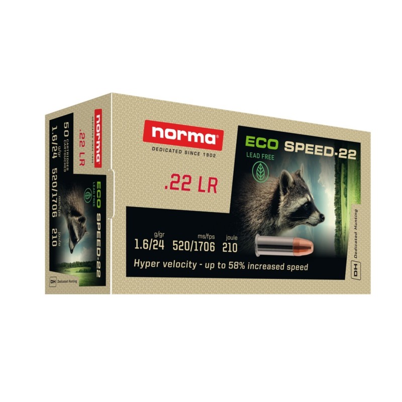 Cartouches NORMA 22LR 1.6G/25GR ECO SPEED-22 HP SANS PLOMB ZINC BTE 50