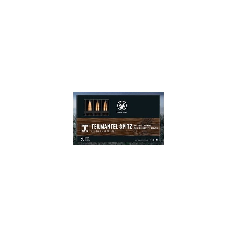 Cartouches RWS TEILMANTEL SPITZ - Softpoint - Demi blindée - Tête pointue - 50 gr / 3,2 g - 20 cartouches