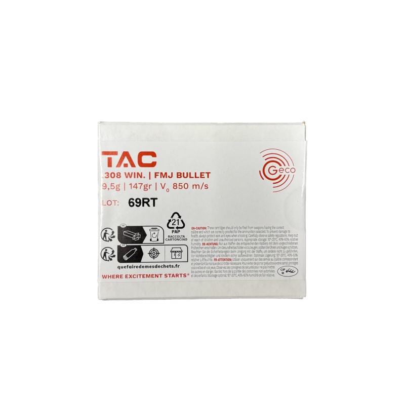 CARTOUCHES GECO 308 WIN .308 WIN TAC 9.5G 147GR - Boite de 20 unités
