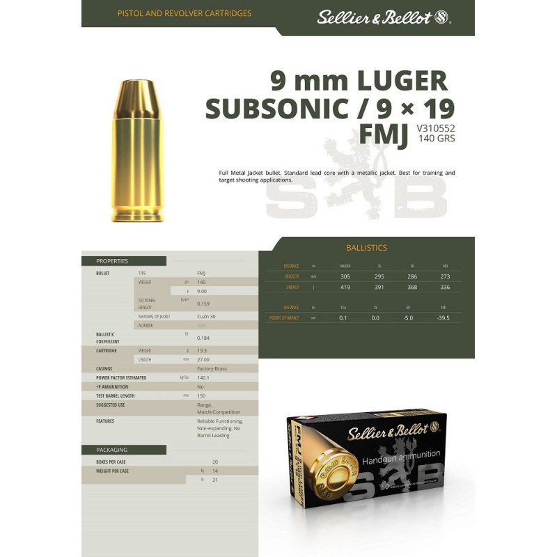 Cartouches SELLIER & BELLOT Calibre 9mm SUBSONIQUE 140grs FMJ - Boite de 50 unités