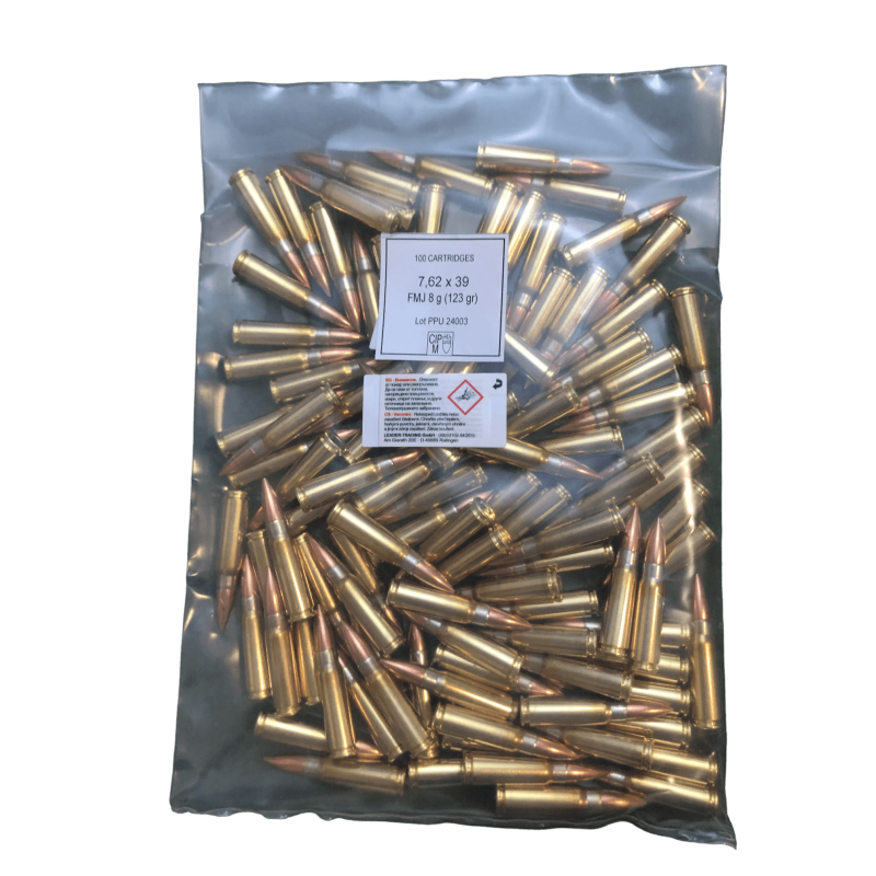 Cartouches PPU Cal. 7,62x39 123-Grs. FMJ BT SACHET DE 100
