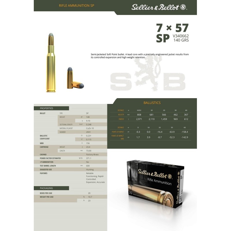 Cartouches Sellier & Bellot 7x57 SP 9.1g - Munitions de Chasse