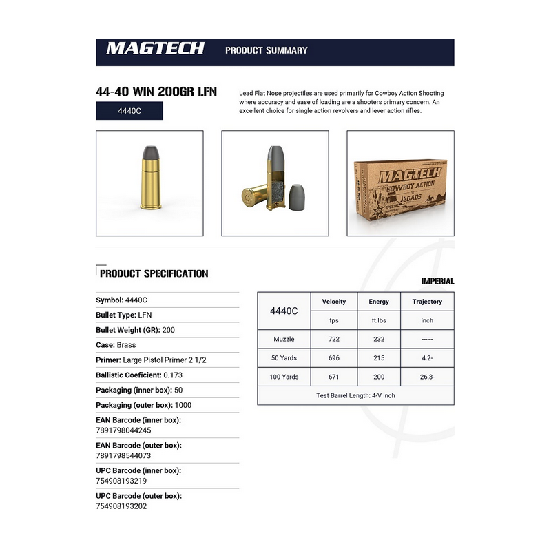 Cartouches MAGTECH COWBOY ACTION - Calibre 44-40 - 200gr - LFN - x50