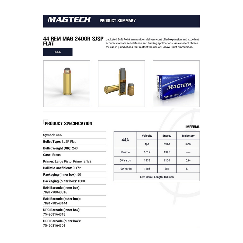Cartouches MAGTECH - Calibre 44 REM MAG- 240gr - SJSP FLAT - x50
