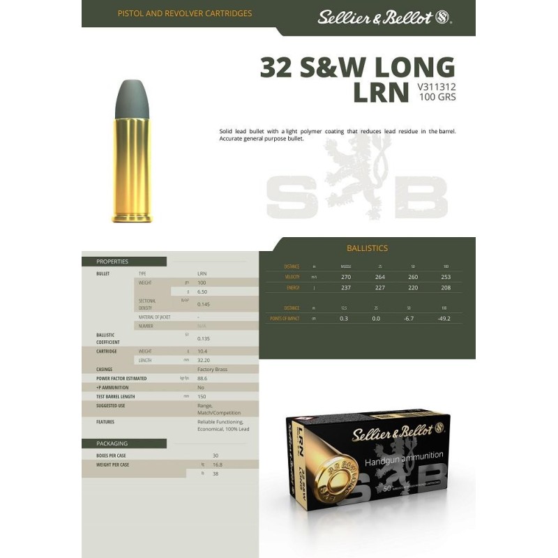 Cartouches S&B 32 S&W Long LFN 100gr Boîte 50