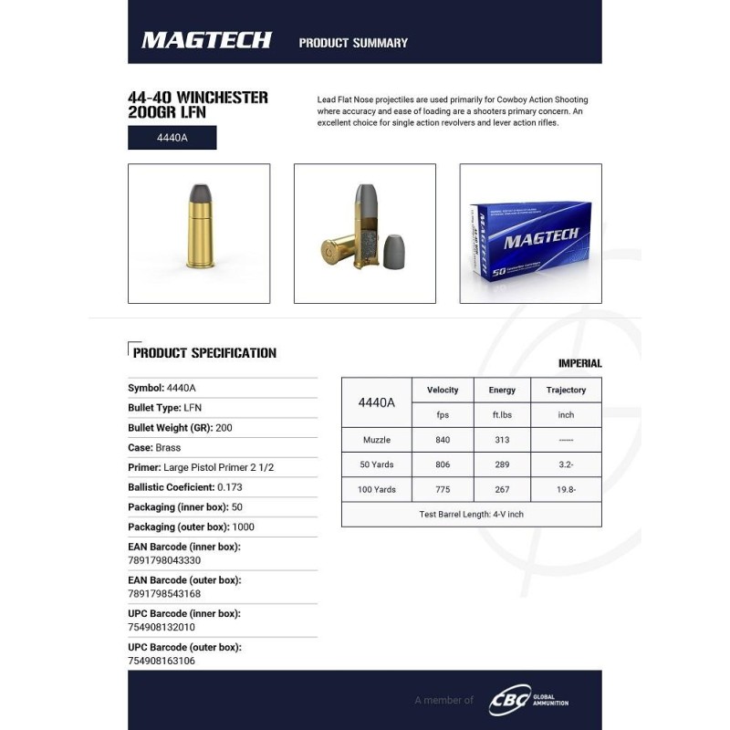 Cartouches Magtech 44-40 Win 200gr LFN 50 unités