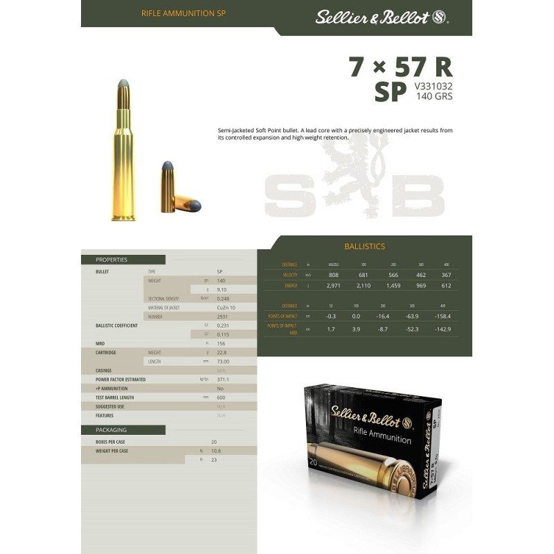 Cartouches SELLIER & BELLOT Calibre 7x57 R 140grs SP - Boite de 20 uni