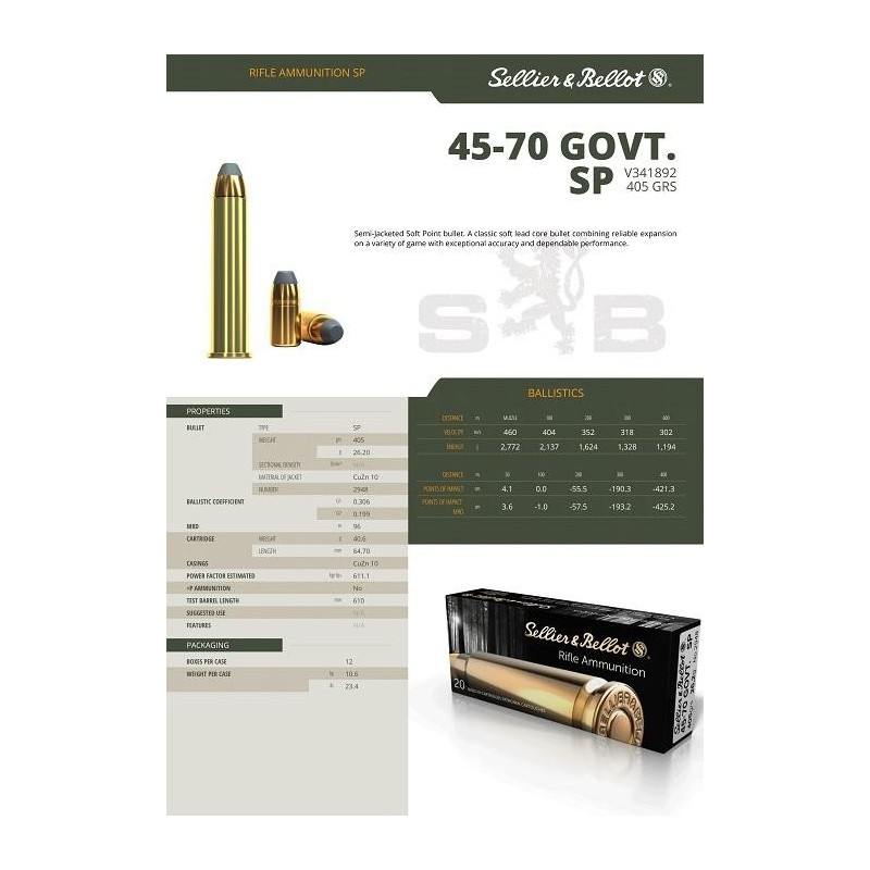 Cartouches S&B 45-70 Govt SP 405gr Boîte 20