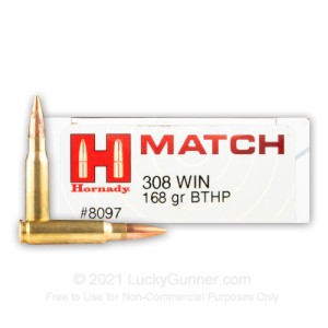 CARTOUCHES HORNADY BTHP MATCH CAL: 308 WINCHESTER 168GRS par 20