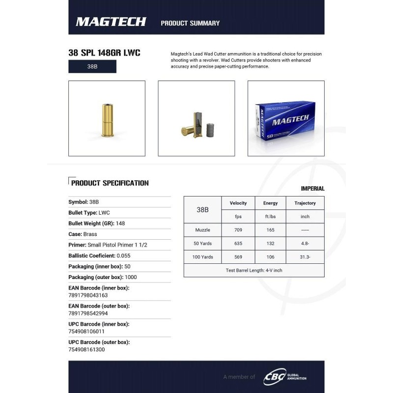 Cartouches Magtech 38 S&W 148 gr LWC