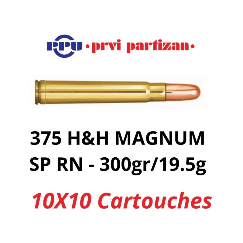Lot de 10 boites de 10 Cartouches PPU Calibre 375 H&H Mag SP RN 300grs