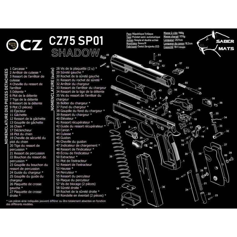 TAPIS DEMONTAGE CZ75 SHADOW SP01 - SABER MATS - XXL 50X38CM