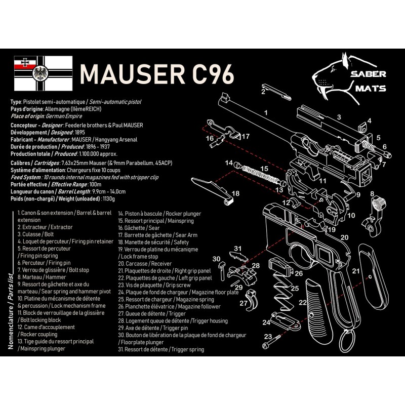 Tapis de démontage/entretien - Marque SABER MATS - MAUSER C96 - XXL - 50X38CM - En francais