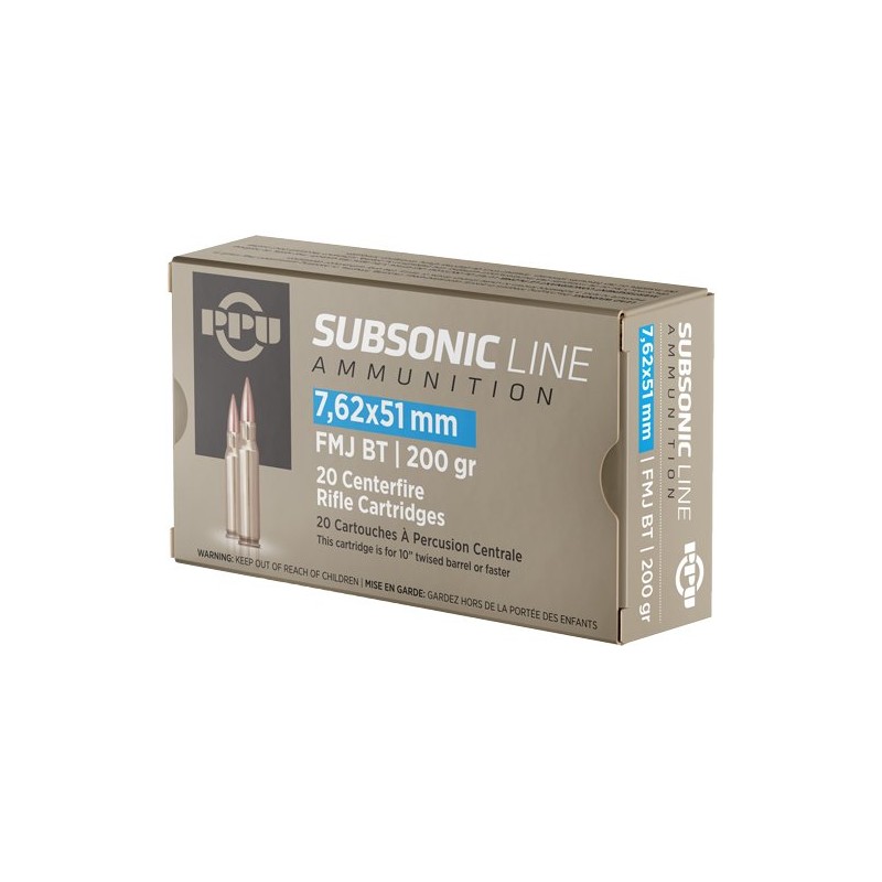 Cartouches PPU Calibre 7,62x51 (308) SUBSONIC FMJBT 200grs - Boite de 20 unités