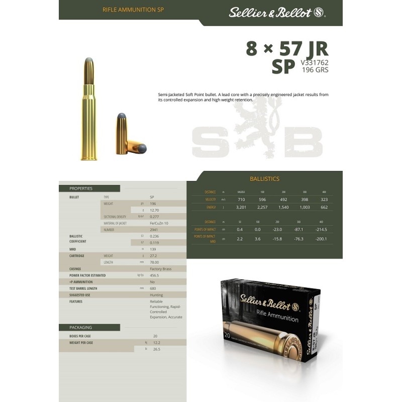 CARTOUCHES SELLIER BELLOT SP - 8X57JR  - 196G (12,7gr)