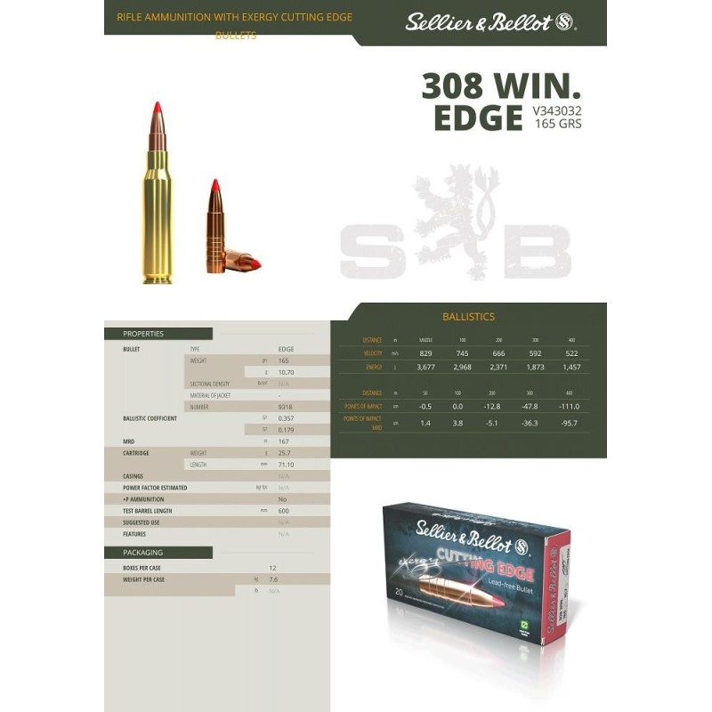 Cartouches S&B 308 Win Exergy Edge 165g