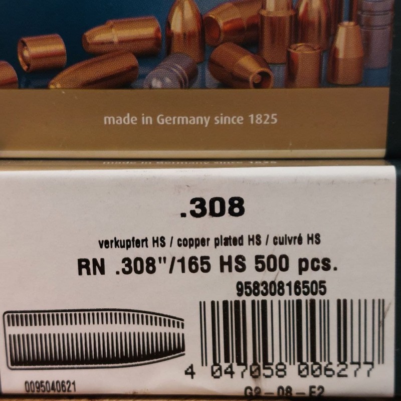 OGIVES H&N .308 - 165GRS RN HIGH SPEED - BOITE DE 500 UNITÉS